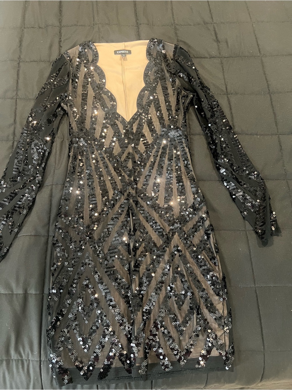 Express Black Sequin Long-Sleeve V-Neck Bodycon Dress